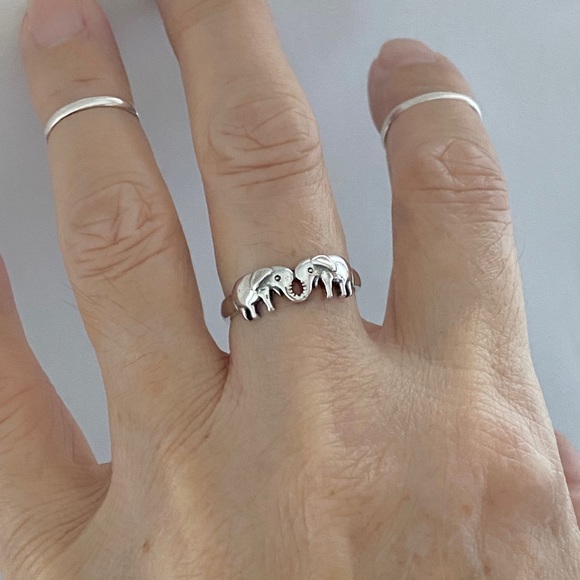 Sterling Silver Small Kissing Elephant Ring, Spirit Animal, Silver Rings, Luck - Picture 2 of 12